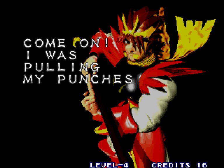 A character in red and white armor holds a sword on a black background. Text reads: "COME ON! I WAS PULLING MY PUNCHES." Mood is defiant.