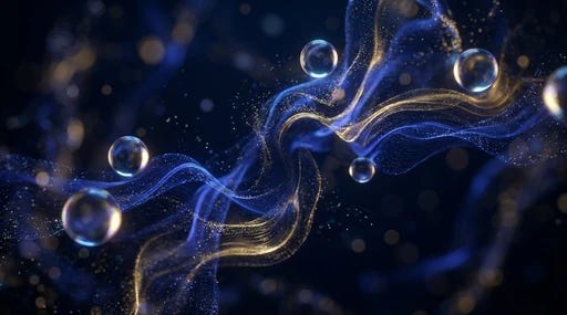 A swirling, ethereal cloud of light particles and wave patterns representing quantum superposition.