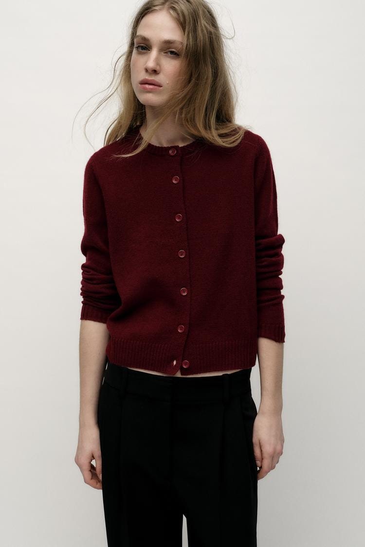 Zara BASIC 100% WOOL CARDIGAN - Maroon - Image 1