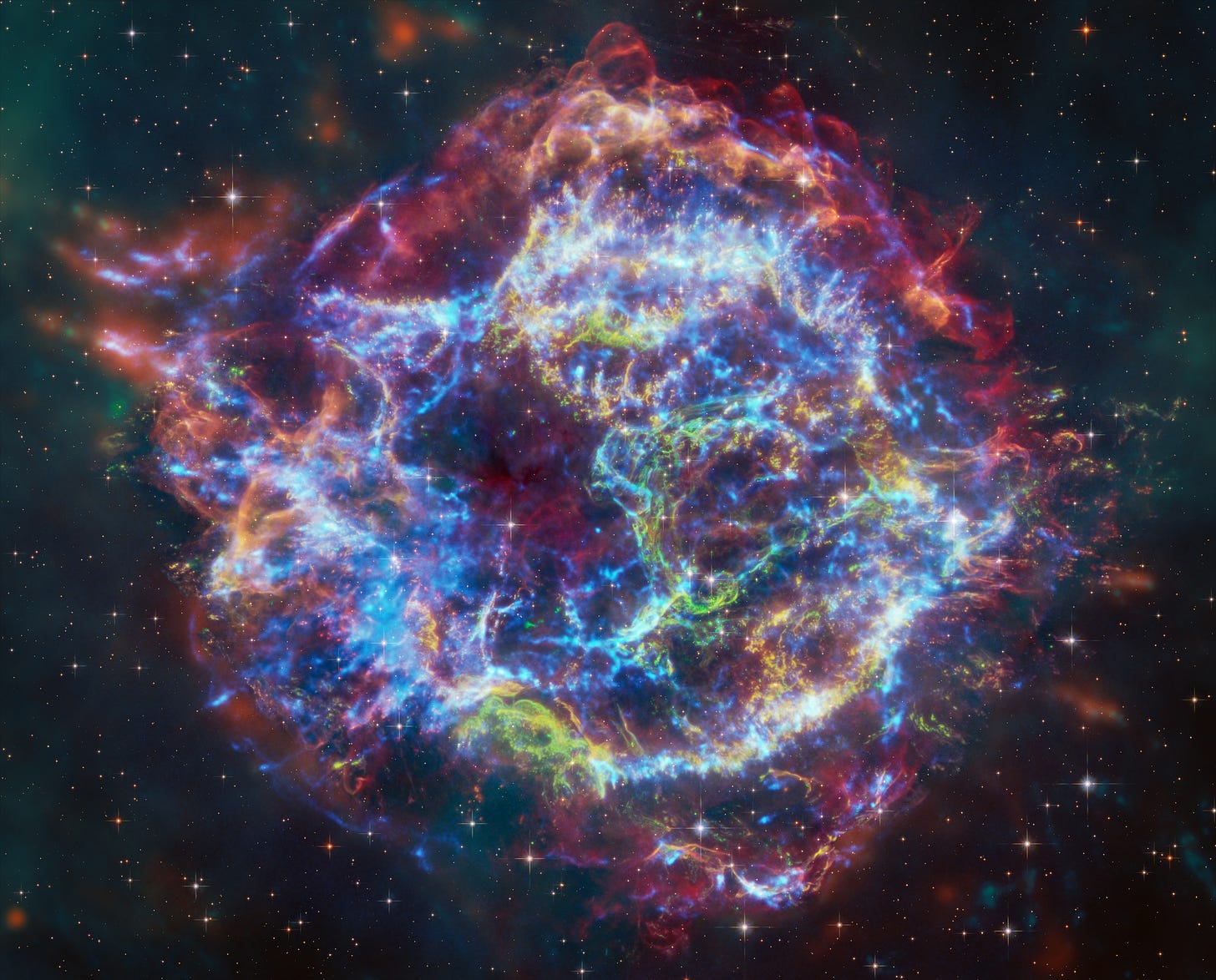 Data from Chandra and Webb of the supernova remnant Cassiopeia A (Cas A) have been combined for the first time, helping to explain an unusual structure within the debris field and address other questions about the supernova explosion that created it. These images show X-rays from Chandra, infrared data from Webb and Spitzer, and optical data from Hubble. Astronomers using these data found that the so-called Green Monster near the center of Cas A was created by a blast wave from the exploded star slamming into material surrounding it. Data from Chandra and Webb of the supernova remnant Cassiopeia A (Cas A) have been combined for the first time, helping to explain an unusual structure within the debris field and address other questions about the supernova explosion that created it. These images show X-rays from Chandra, infrared data from Webb and Spitzer, and optical data from Hubble. Astronomers using these data found that the so-called Green Monster near the center of Cas A was created by a blast wave from the exploded star slamming into material surrounding it.