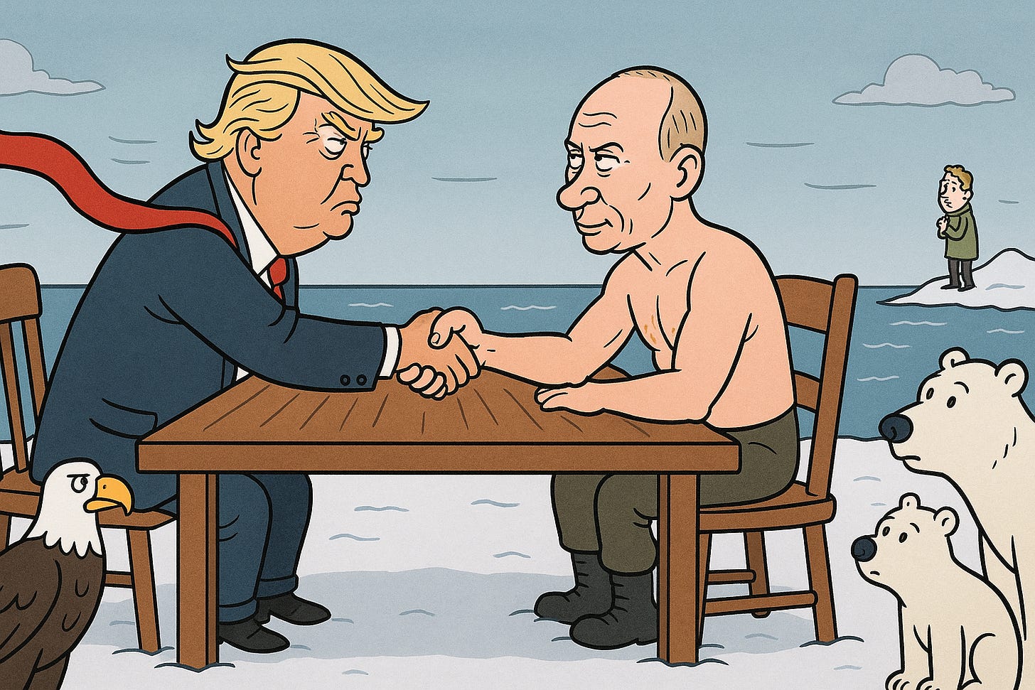 Satirical political cartoon by DALL·E depicting Donald Trump and Vladimir Putin at an oversized wooden table on a snowy Alaskan coastline, with Trump’s long red tie blowing in the wind, Putin shirtless in the freezing cold, Europe as a tiny distant figure, and polar bears with a bald eagle observing.