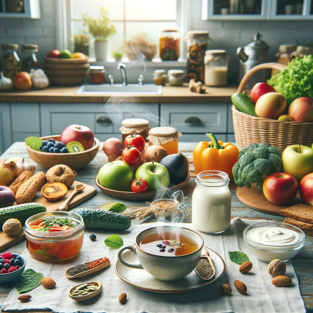 A cozy, inviting kitchen scene with a variety of fruits, vegetables, and fermented foods laid out on a table, symbolizing natural flu remedies and gut health. Include visual elements like a steaming cup of herbal tea, a bowl of yogurt, and a vibrant array of produce, representing a holistic approach to wellness.