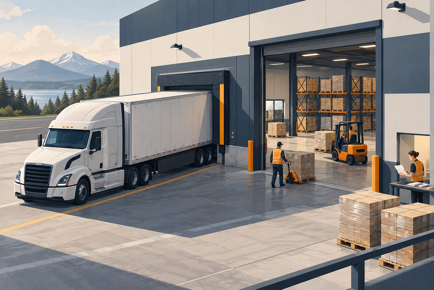 Conceptual illustration of an unbranded truck at a warehouse loading bay, with pallets and a small document station. Conceptual illustration of an unbranded truck at a warehouse loading bay, with pallets and a small document station.
