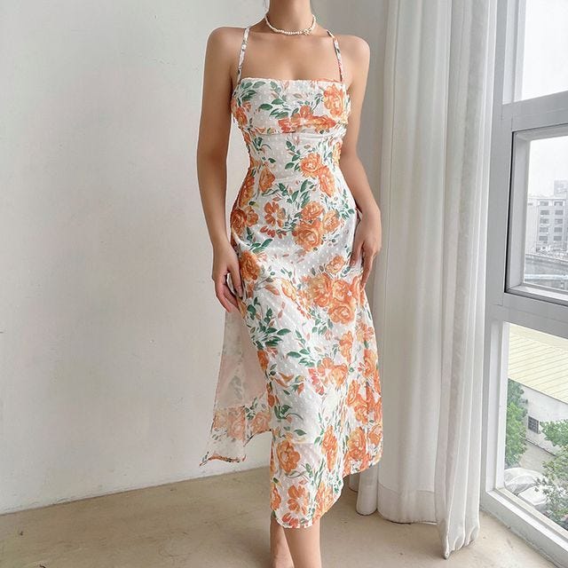 Femme Cradle - Spaghetti Strap Square-Neck Floral Print Slit Midi Dress |  YesStyle