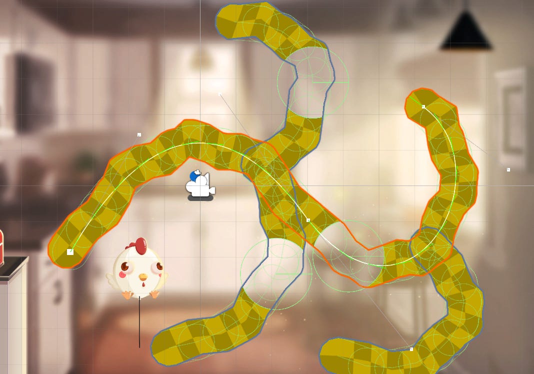 Visão dos fluxos de margarina e suas máscaras com mais detalhes, mostrando colisores, a curva principal e as extremidades do LineRenderer.