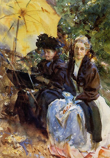 Miss Wedewood and Miss Sargent Sketching, 1908, John Singer Sargent Watercolor Painting by John Singer Sargent