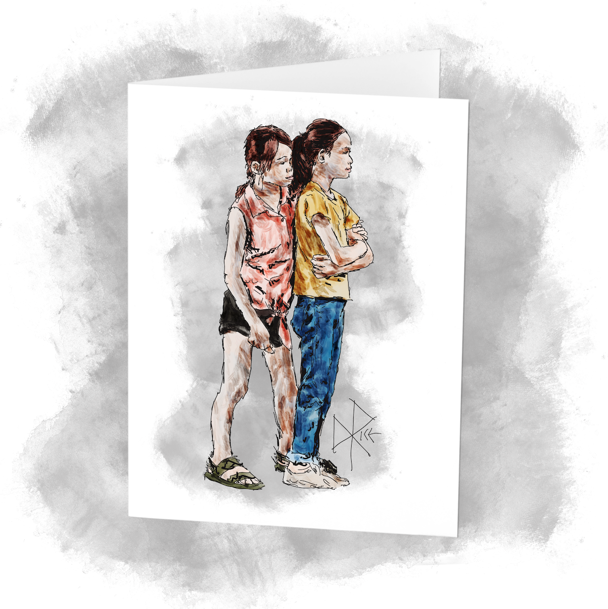 Two girls standing in profile, looking off into the distance, as one wraps an arm around the other. Sketch art by Don Rice.