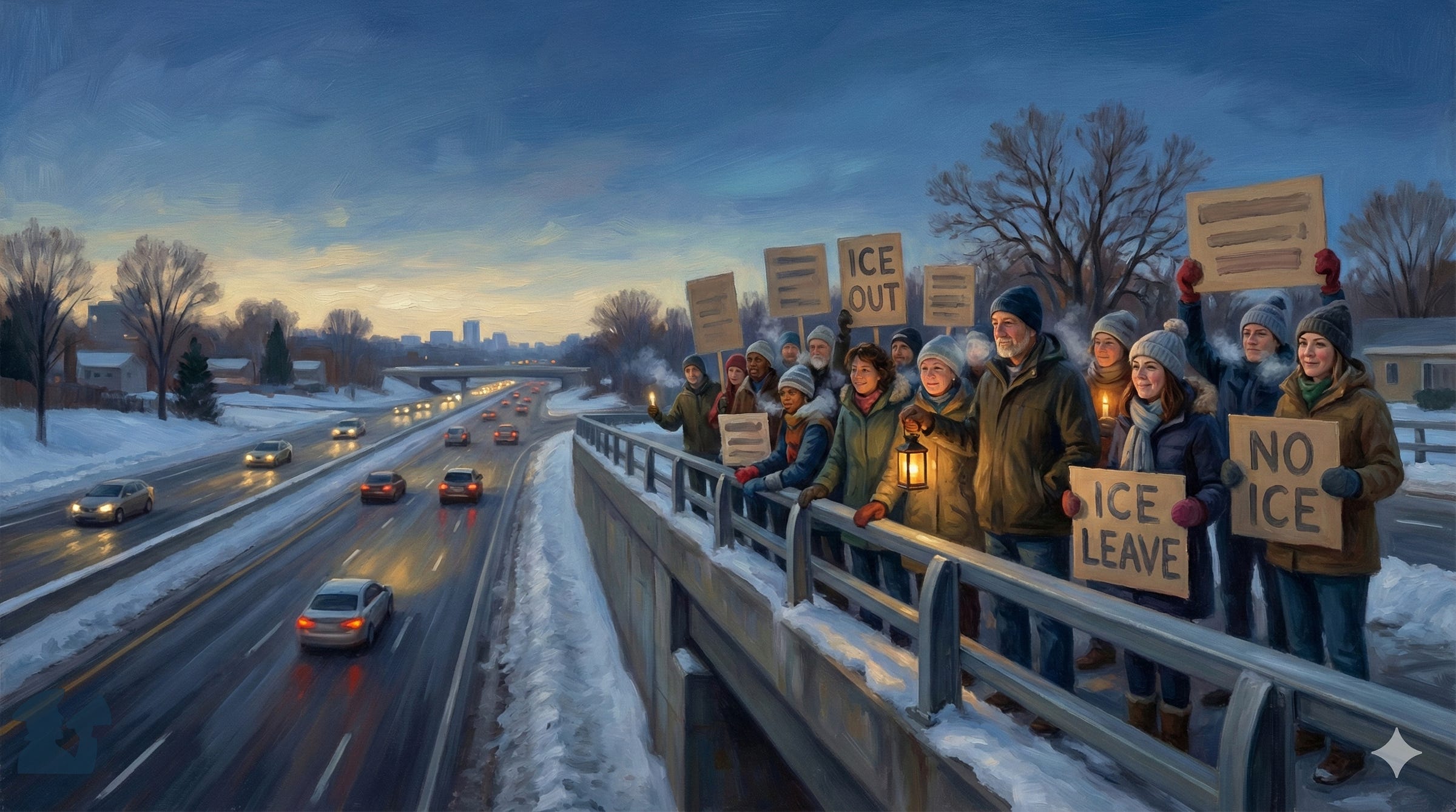 An oil painting shows a diverse group of people protesting on a snowy highway overpass at dusk. They are bundled in winter clothing and hold handmade cardboard signs with messages like 'ICE OUT,' 'ICE LEAVE,' and 'NO ICE.' One man holds a lantern. Below them, cars drive on a multi-lane highway towards a city skyline under a blue and yellow evening sky. The brushstrokes are visible and textured.