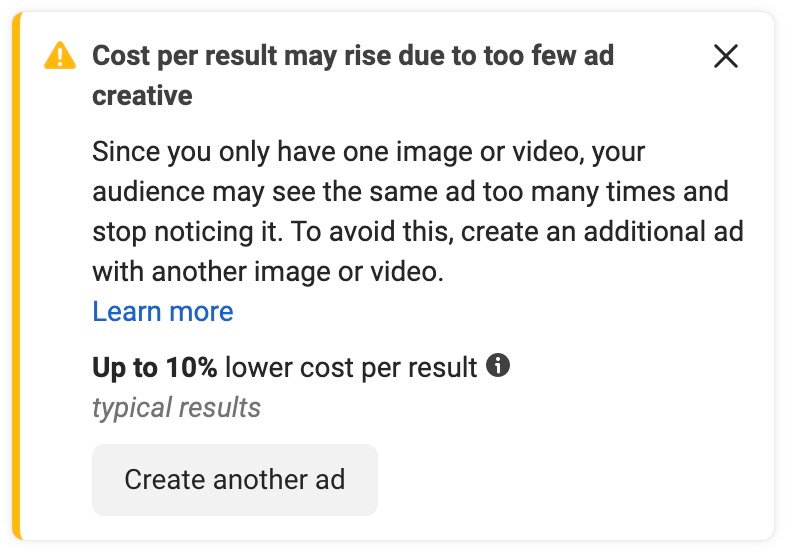 Facebook Ads warning message that my ad has too few creatives and may fatigue users