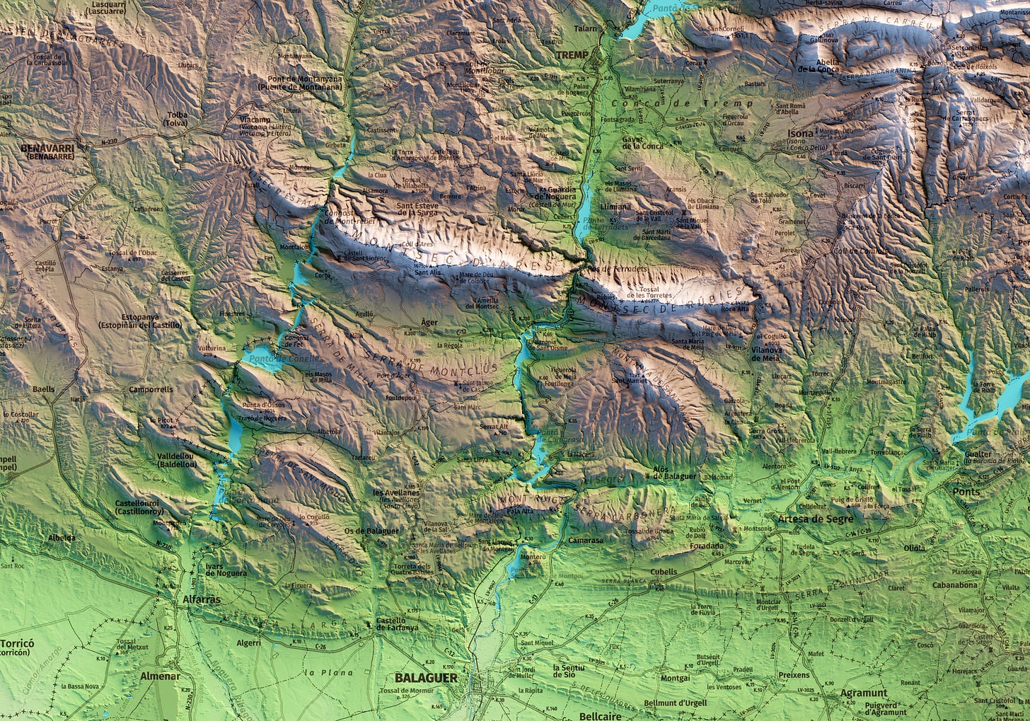 Mapa del Montsec i el seus voltants.