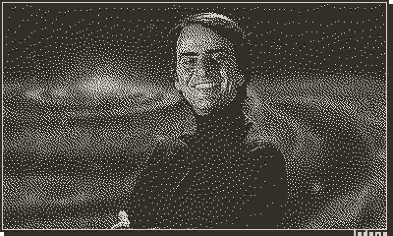 A 1-bit dithered image of Carl Sagan in front of the Milky Way