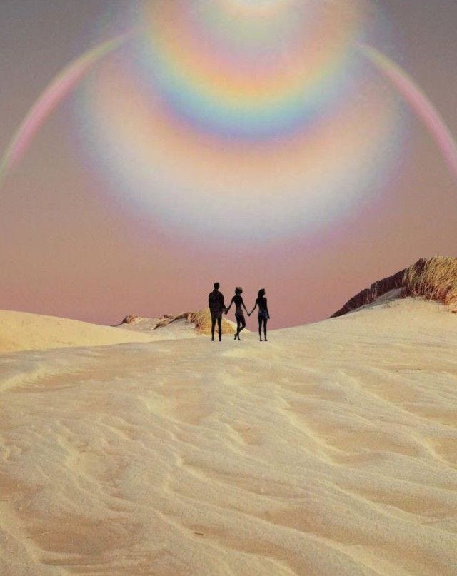This may contain: two people are walking in the desert under a rainbow - shaped object that looks like a ring