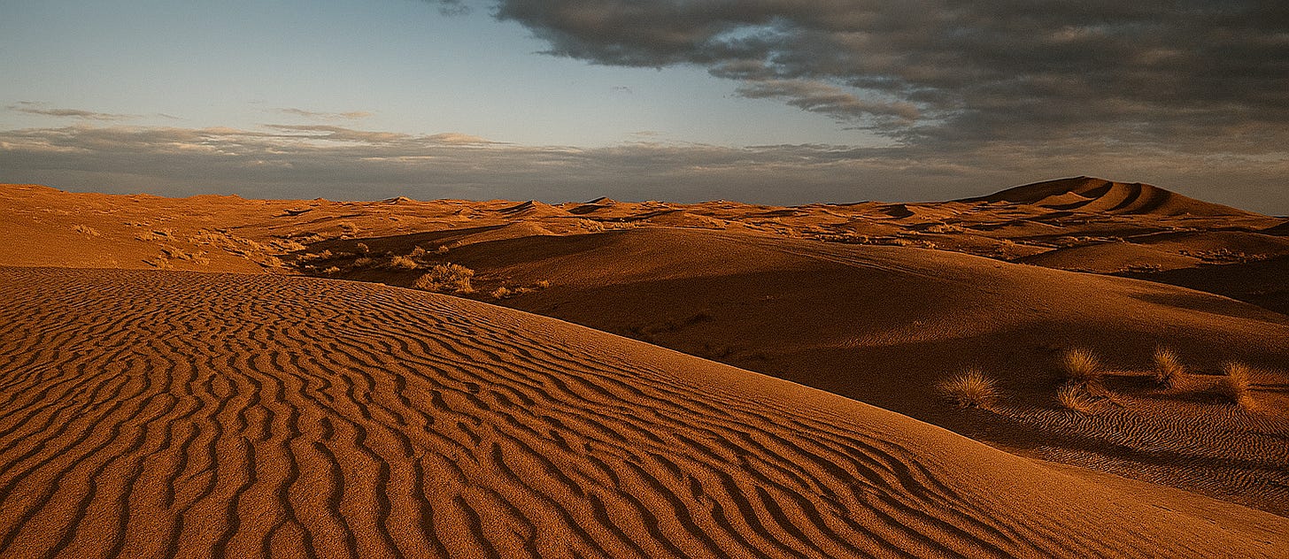 Desert landscape with rolling sand dunes under a cloudy sky