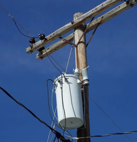 Example of a pole mounted transformer, which sometimes can be used instead of a pad mounted unit when paired with a battery-backed solution