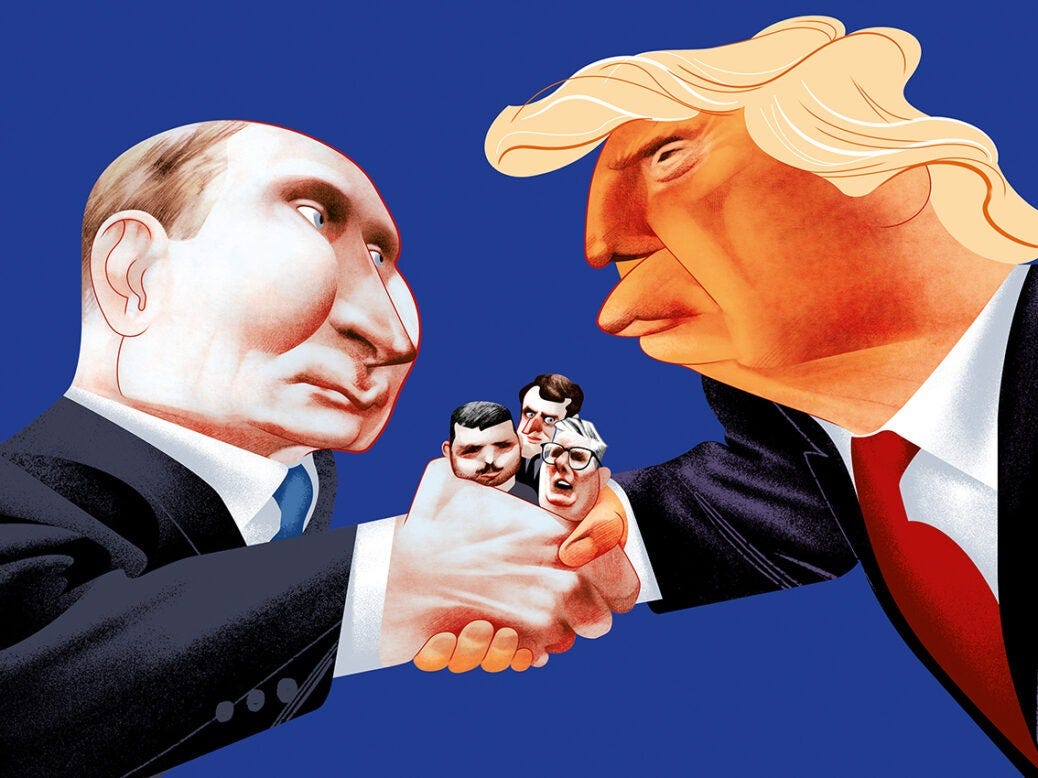 illustration shows caricatures of Donald Trump and Vladimir Putin in a firm handshake with the doll like figures of Macron, Starmer and Zeslensky squeezed in between their hands