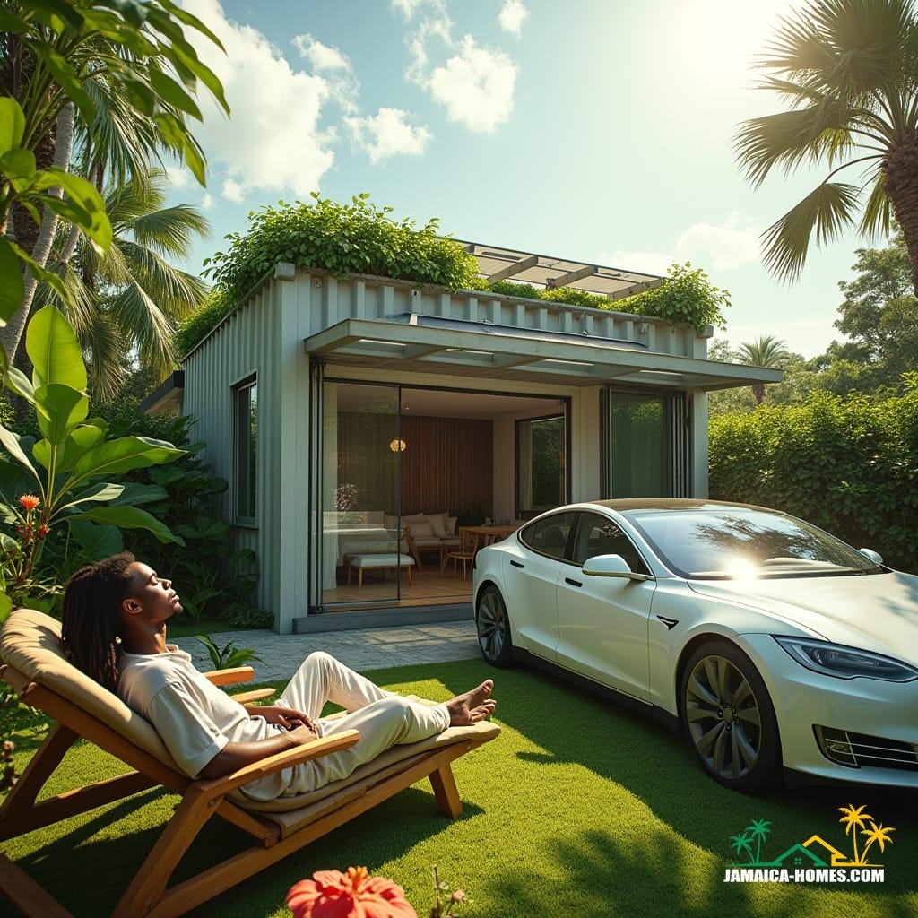 A modern, single-story container home in Kingston, Jamaica, with a corrugated metal façade and large windows, set amidst a lush, vibrant tropical garden filled with heliconia, hibiscus, and palm trees. The garden's lush greenery spills over onto the green roof, where solar panels blend seamlessly into the design. A sleek, white, modern electric car, a Tesla Model S, is parked nearby, its glass roof reflecting the sun's warm rays. A mixed-race man with dreadlocks, wearing a relaxed-fit linen shirt and linen pants, sits in a weathered wooden lounge chair, eyes closed, basking in the serenity of the garden oasis. The bright sunny day casts a warm glow, with vibrant colors and soft shadows, evoking the laid-back, Caribbean charm of the island. Influenced by the cinematic styles of Emmanuel Lubezki and Roger Deakins, with a dash of digital artist Ash Thorp's futuristic realism, this image is a tranquil, atmospheric masterpiece, reminiscent of a live-action film still, shot on 35mm film with a V-Raptor XL camera, and post-processed to perfection, complete with film grain, vignette, and color grading.
