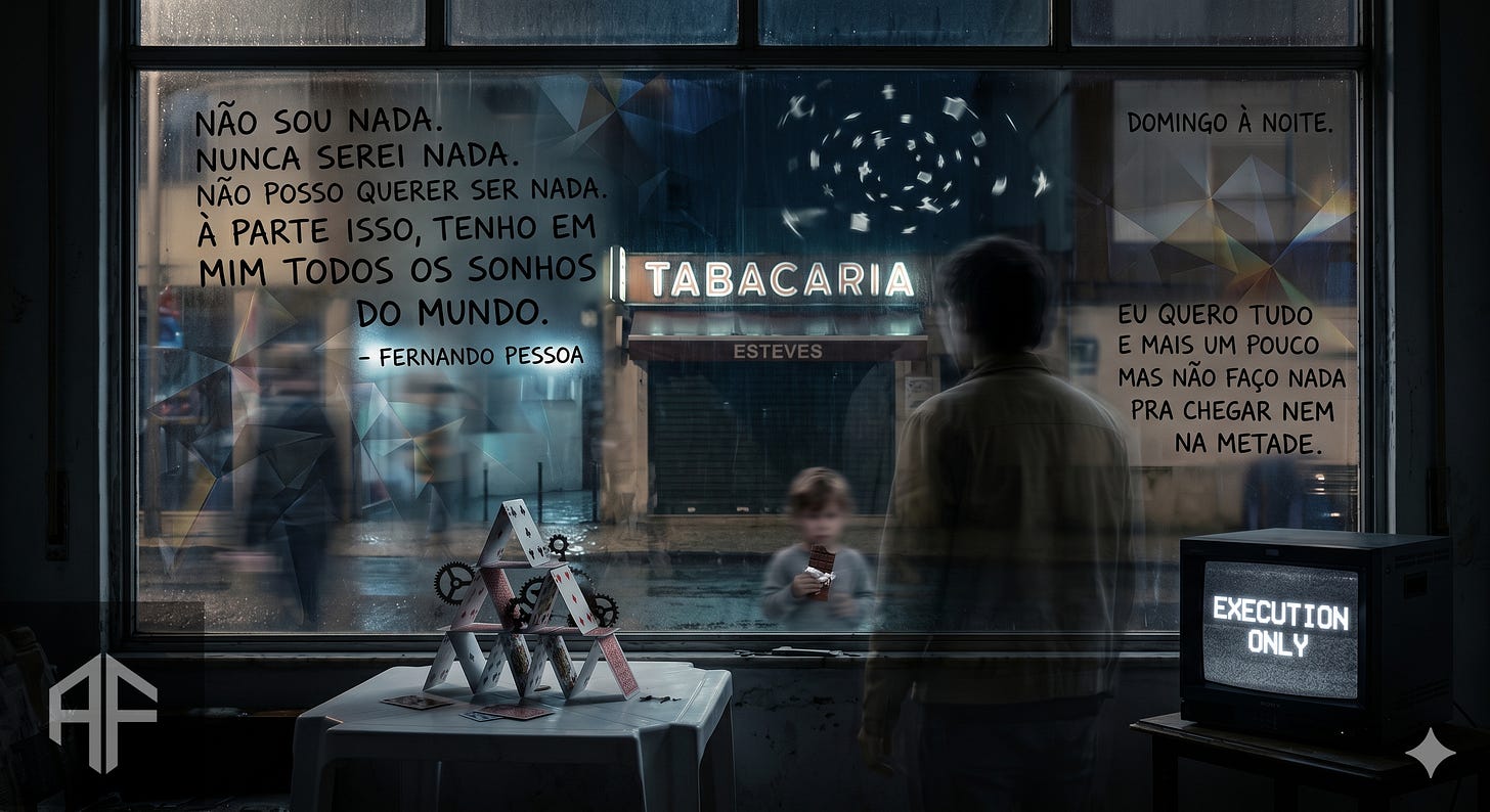 Uma fusão visual melancólica e fragmentada de uma rua de cidade à noite e uma visão mental. Através de uma janela de vidro que emoldura a cena, brilha o letreiro de néon verde e azul da 'TABACARIA ESTEVES' com uma figura de criança desfocada perto da entrada. Do lado de dentro, no primeiro plano, um homem de costas, em silhueta desfocada, observa. Sobre uma mesa de plástico de bar, um castelo de cartas de baralho com engrenagens metálicas embutidas está desmoronando. À direita, um monitor de TV antigo exibe a mensagem 'EXECUTION ONLY'. Três blocos de texto estão sobrepostos na janela: na parte superior esquerda, a citação 'NÃO SOU NADA. NUNCA SEREI NADA. NÃO POSSO QUERER SER NADA. À PARTE ISSO, TENHO EM MIM TODOS OS SONHOS DO MUNDO. - FERNANDO PESSOA'; na superior direita, 'DOMINGO À NOITE.'; e no meio direito, 'EU QUERO TUDO E MAIS UM POUCO MAS NÃO FAÇO NADA PRA CHEGAR NEM NA METADE.'. A atmosfera é noturna, chuvosa e introspectiva, unindo o poema de Pessoa com a confissão pessoal.