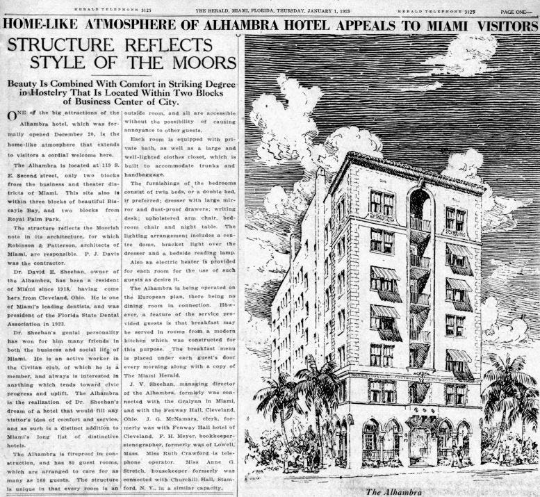 Article in the Miami Herald reviewing the Alhambra Hotel on January 1, 1925.