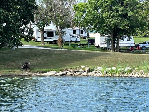 Campground at Lake Thunderhead; Mara with Grandma G. and Doc; Troy taking Grandpa G. for a SeaDoo ride.