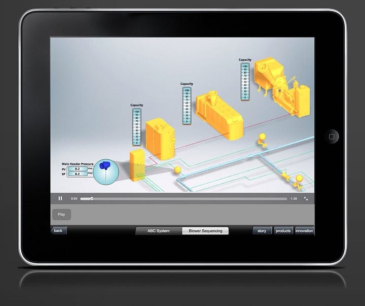 Turblex commissioned Dan Blincoe to create a marketing app to demonstrate their water-aeration technology. Dan Blincoe created 360-degree images of the major products that Turblex provides, specifications on the products, and an interactive water treatment facility that allowed the Turblex blowers turbine blades to be rotated to allow different degrees of aeration depending on water composition.