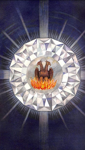 Pintura a óleo de fundo azul escuro com uma esfera metalizada no meio. Dentro da esfera, um par de fênix em chamas, com as asas para baixo. A esfera parece um cristal e tem raios de luz saindo dela por todos os lados.