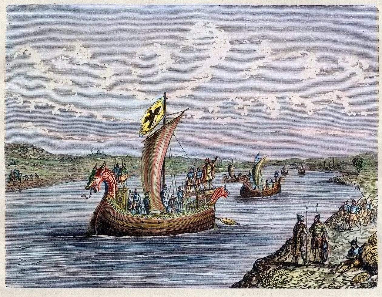 Viking Boat - Drakkar - Norman ships up a river - engraving in L'histoire  de France populaire by Henri Martin - 19th century