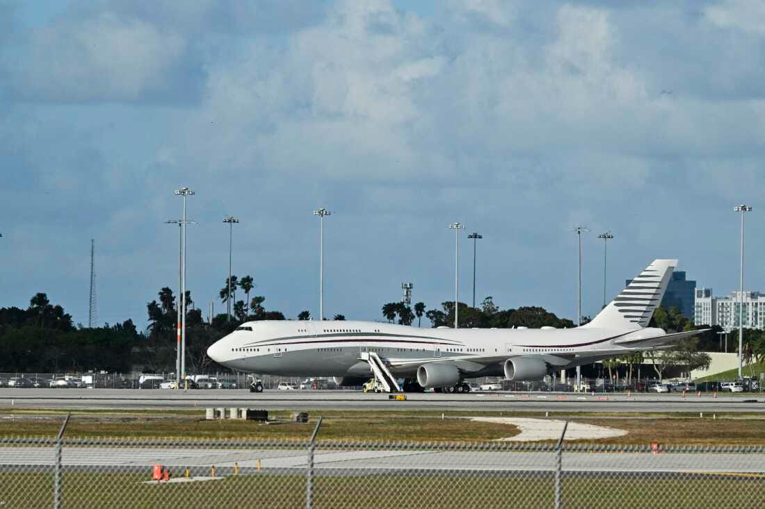 A Qatari Boeing 747 sits on the tarmac of Palm Beach International airport after President Trump toured the aircraft on Feb. 15. The aircraft is now in San Antonio and needs extensive overhauling to become the next Air Force One. A Qatari Boeing 747 sits on the tarmac of Palm Beach International airport after President Trump toured the aircraft on Feb. 15. The aircraft is now in San Antonio and needs extensive overhauling to become the next Air Force One.