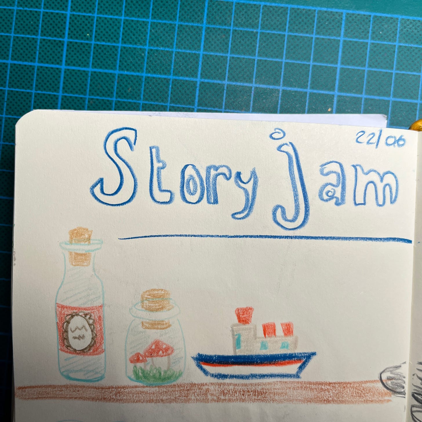 Photo d'une page de mon sketchbook où j'ai dessiné deux flacons et un bateau miniature posés sur une étagère.