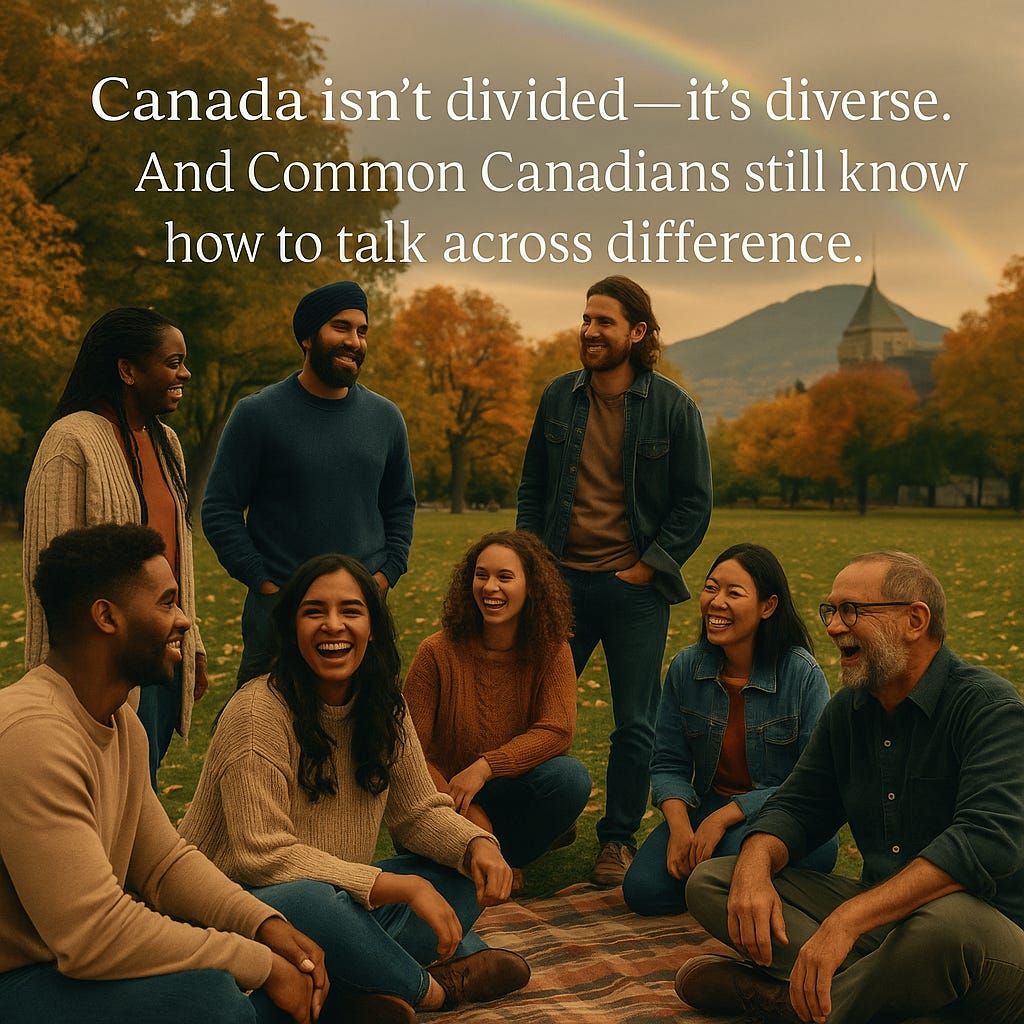 Diverse group of smiling Canadians sitting on a picnic blanket in a fall park with a rainbow overhead, symbolizing social cohesion, inclusion, and the spirit of Common Canadians. Image Quote: Canada isn’t divided — it’s diverse, and Common Canadians still know how to talk across difference. Diverse group of smiling Canadians sitting on a picnic blanket in a fall park with a rainbow overhead, symbolizing social cohesion, inclusion, and the spirit of Common Canadians. Image Quote: Canada isn’t divided — it’s diverse, and Common Canadians still know how to talk across difference.
