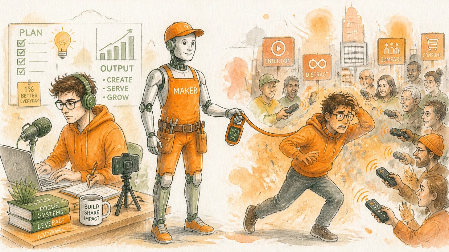 A maker calmly directs the AI twin he controls while a crowd aims remote controls at an unauthorized copy of him — owned versus uncontrolled AI likeness.
