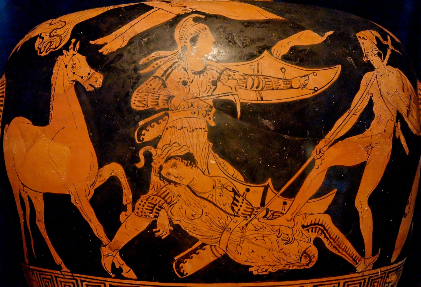 Patroclus (naked, on the right) kills Sarpedon (wearing Lycian clothes, on the left) with his spear, while Glaucus comes to the latter's help. Protolucana red-figure hydria by the Policoro Painter, ca. 400 BC. From the so-called tomb of the Policoro Painter in Heraclaea. Stored in the Museo Nazionale Archaeologico of Policoro. Patroclus (naked, on the right) kills Sarpedon (wearing Lycian clothes, on the left) with his spear, while Glaucus comes to the latter's help. Protolucana red-figure hydria by the Policoro Painter, ca. 400 BC. From the so-called tomb of the Policoro Painter in Heraclaea. Stored in the Museo Nazionale Archaeologico of Policoro.