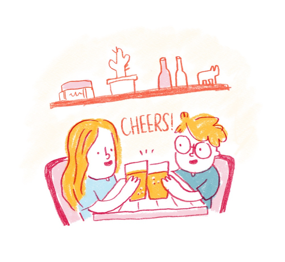 Drawing of two people sitting at a table, clinking beer glasses and saying "cheers"
