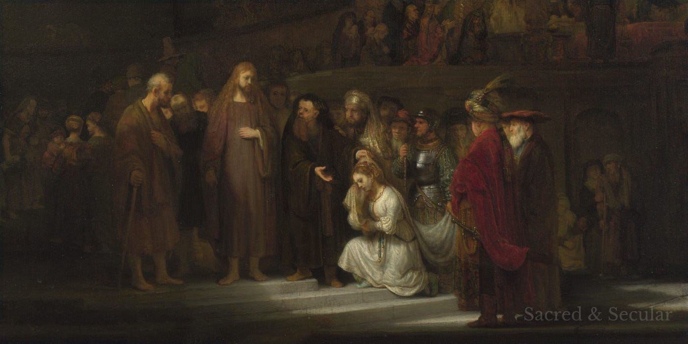 Rembrandt’s dark interior scene showing a woman dressed in white kneeling before Jesus while a group of male accusers gather around them in the Temple.