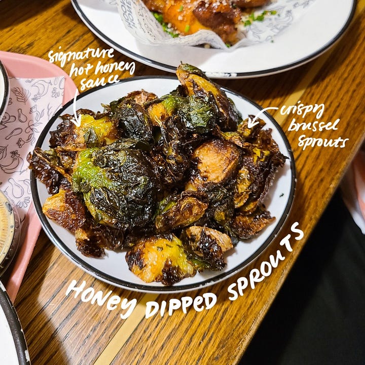 Honeymoon Chicken Honey Dipped Sprouts and Mac and Cheese sides