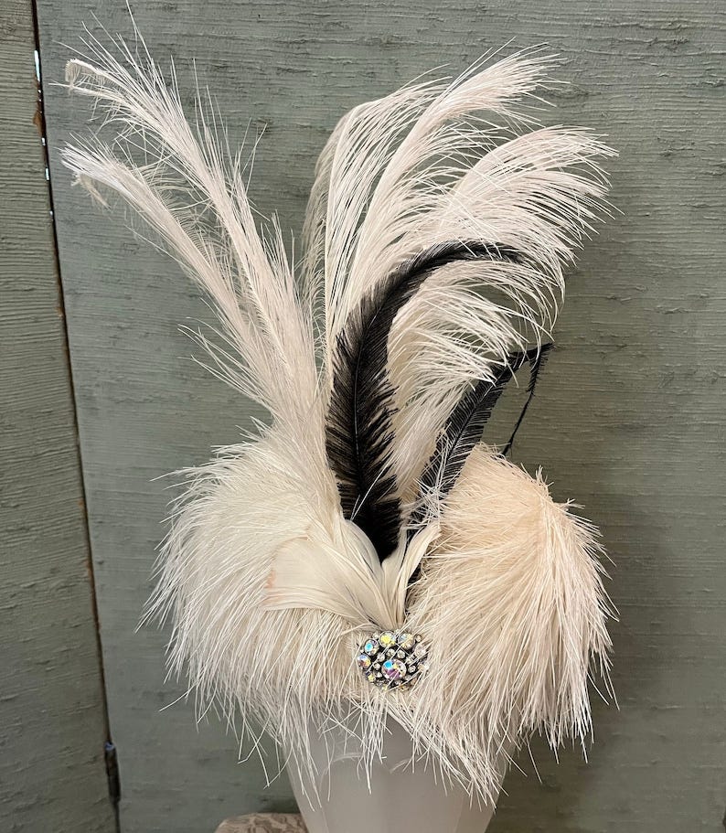 1920 aigrette feathered hat, white and black feathers rhinestone pin, magnificent! image 1