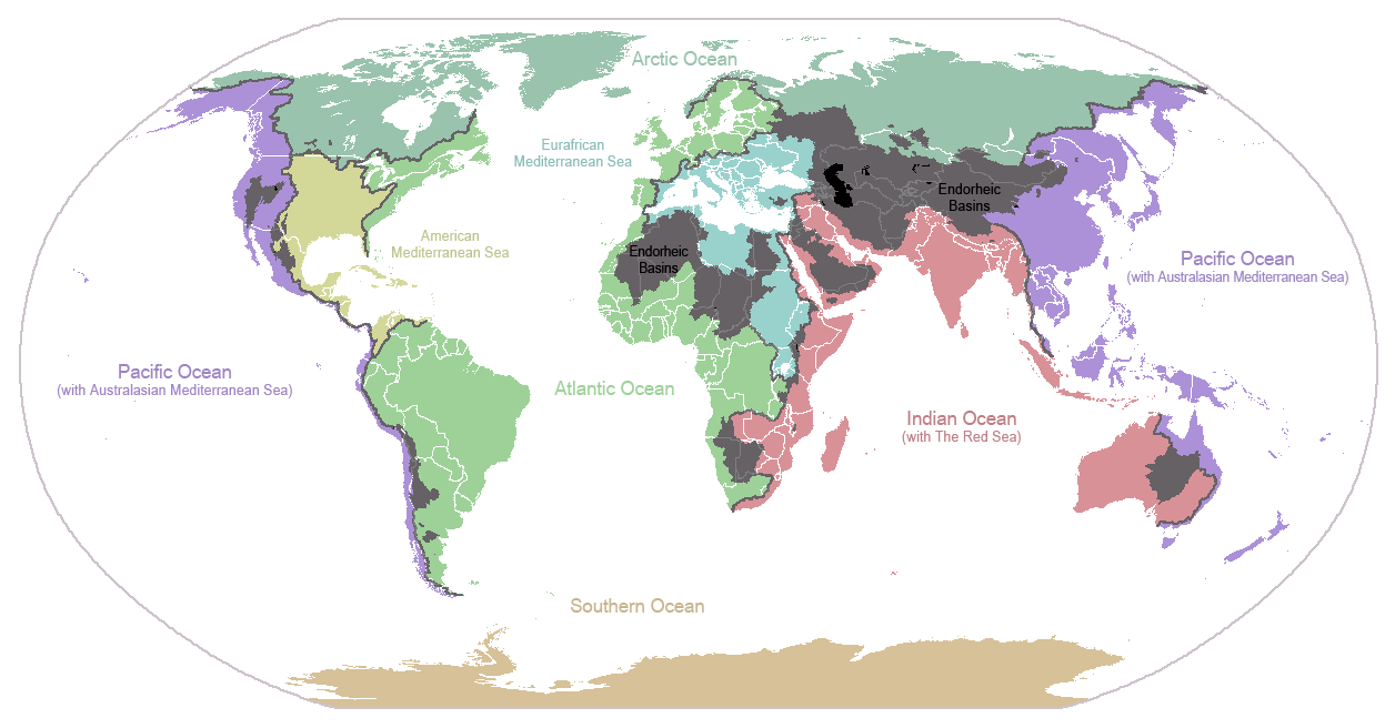 the endorheic basins cover large chunks of Africa and central Asia as well as smaller areas elsewhere