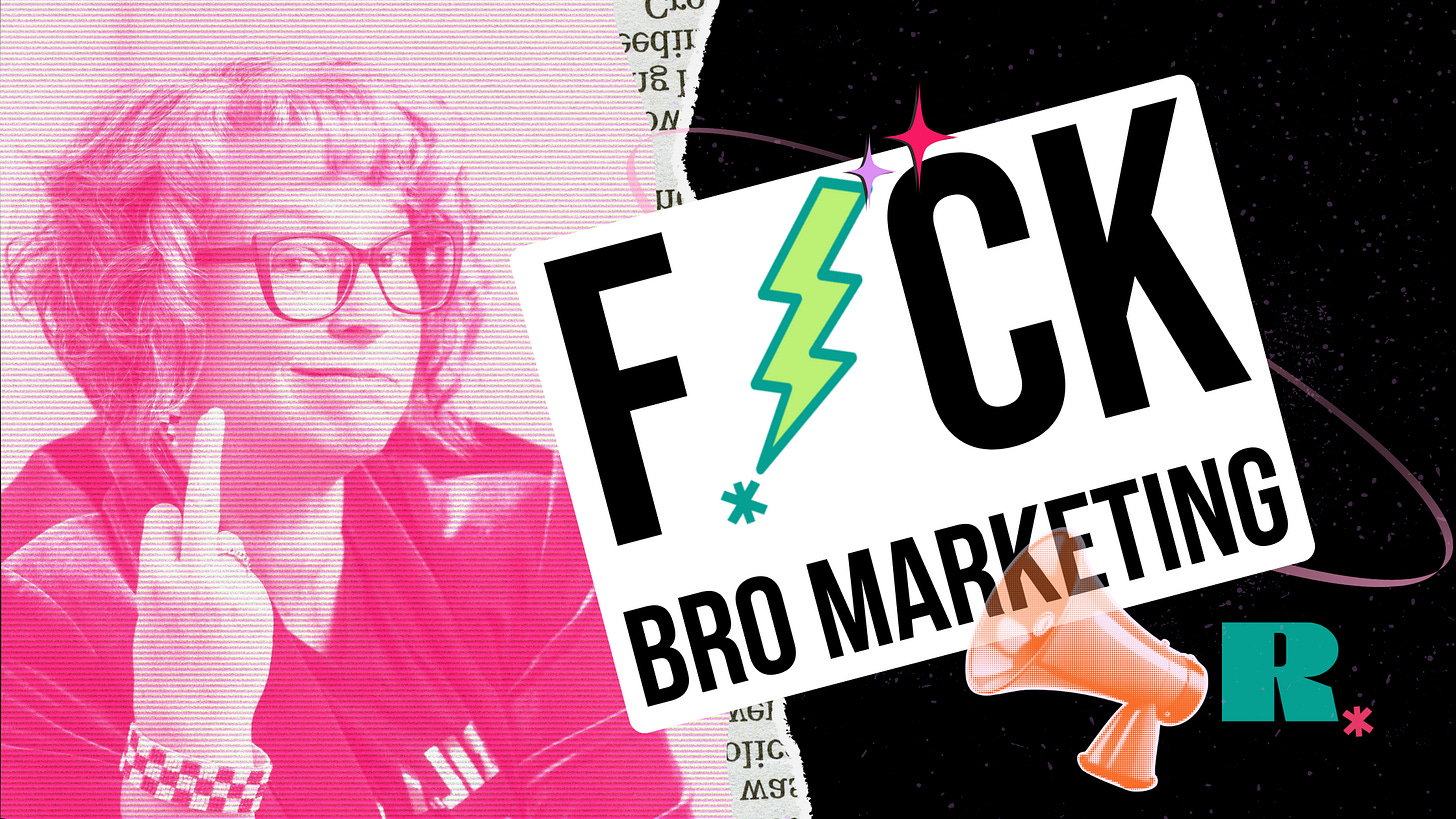 Robyn grimaces and holds up a middle finger next to a graphic that says Fuck Bro Marketing Robyn grimaces and holds up a middle finger next to a graphic that says Fuck Bro Marketing