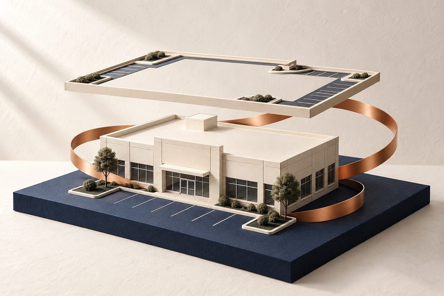 Conceptual model of a commercial building with a raised property frame and a copper ribbon looping around its navy base. Conceptual model of a commercial building with a raised property frame and a copper ribbon looping around its navy base.