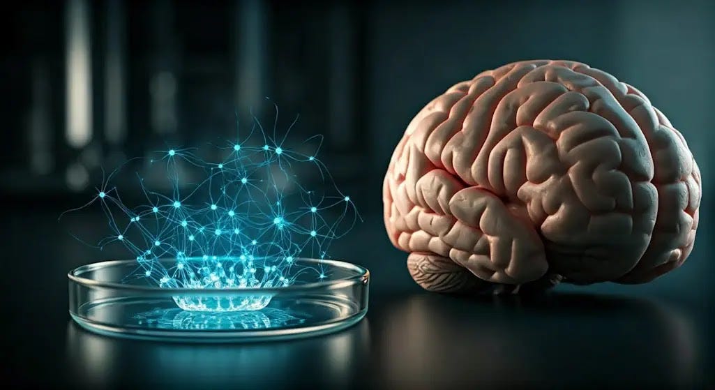 A human brain compared to a neural network in a petri dish.