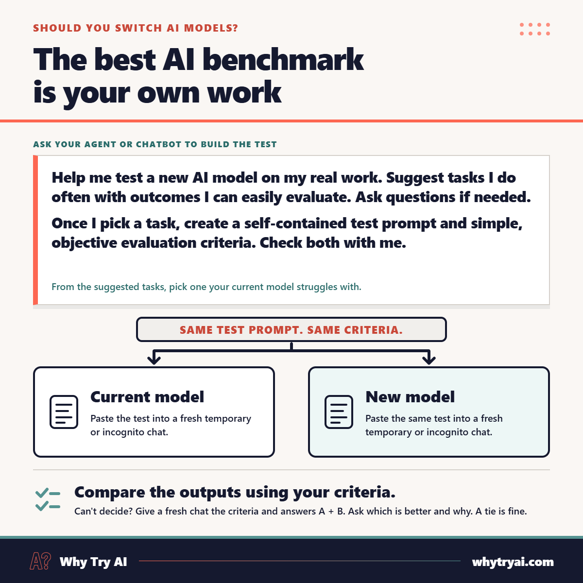 Test AI models on your own work: build one task prompt, run it in fresh chats, and compare answers using the same criteria. Test AI models on your own work: build one task prompt, run it in fresh chats, and compare answers using the same criteria.