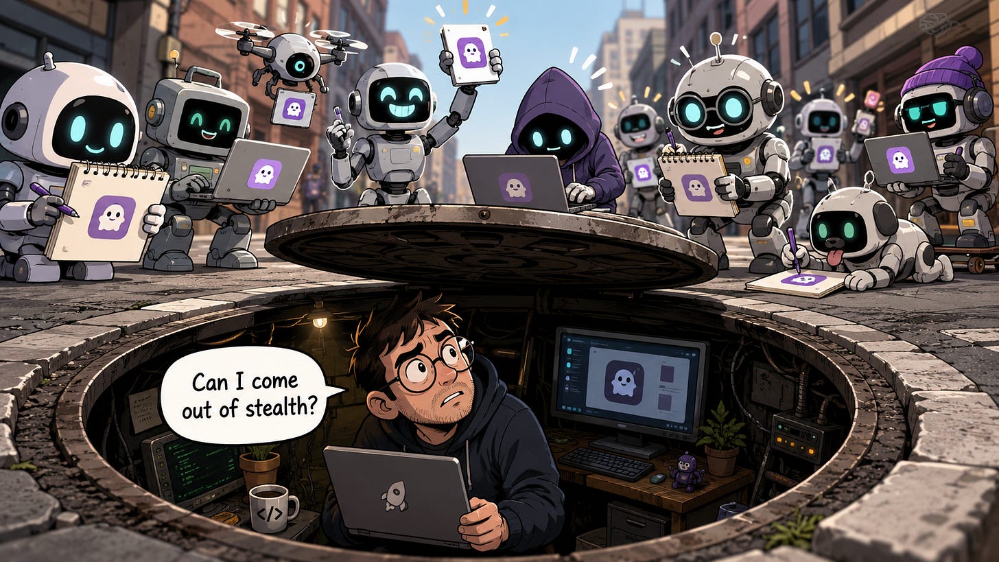 Startup founder peers from an underground hideout while AI robots wait above with laptops, ready to copy his product.