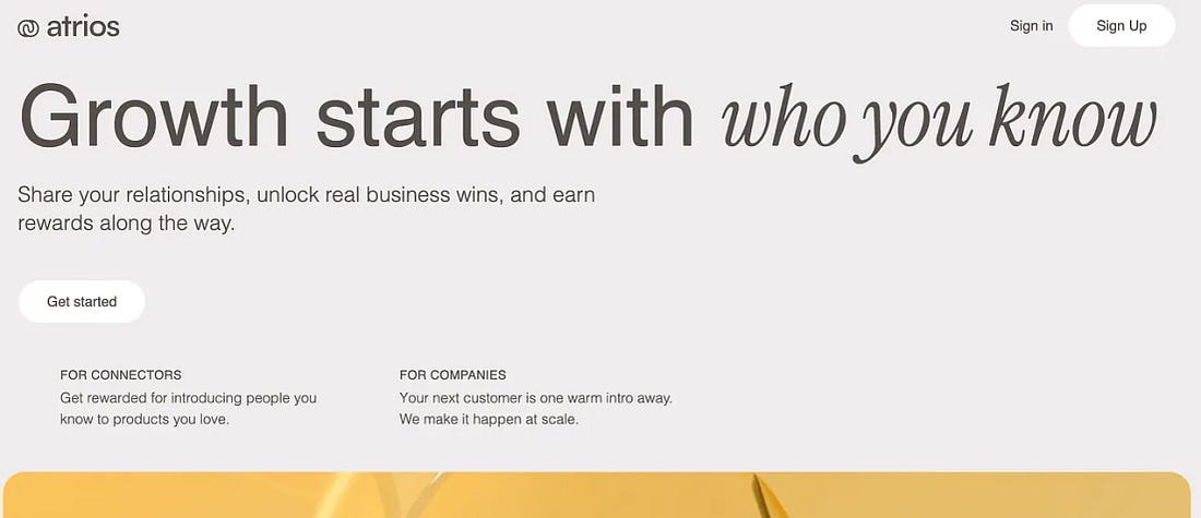 Atrios homepage showing its AI-powered network intelligence platform that turns relationships into warm introductions for B2B go-to-market teams.