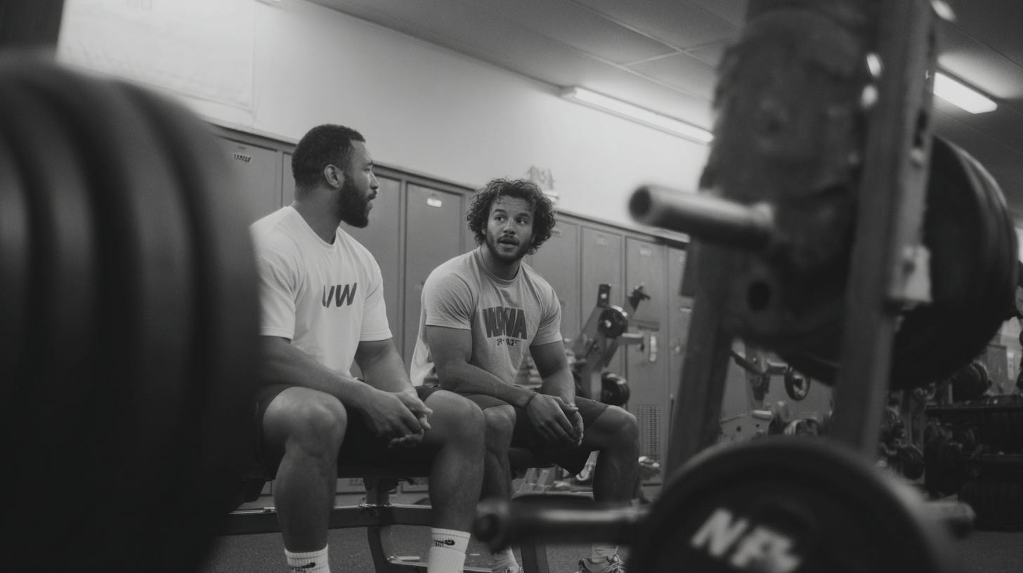 A coach and his youth powerlifting athlete talking in the gym. 