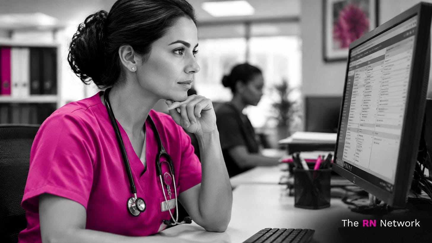 A nurse in pink scrubs reviewing records on a monitor A nurse in pink scrubs reviewing records on a monitor