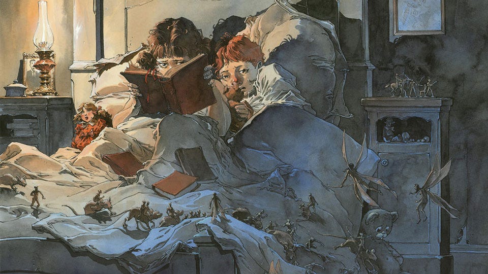 Artwork by Guillaume Sorel that shows two children reading in bed at night, scared of fairies and other creatures that are walking across their bed.