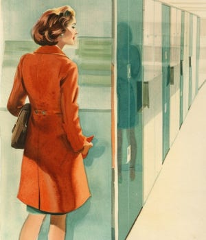 vintage editorial watercolor illustration of a woman standing at a cubicle entrance from behind, coat over one arm, hand slightly extended, already leaving, warm office light, other cubicles in background, cream paper texture