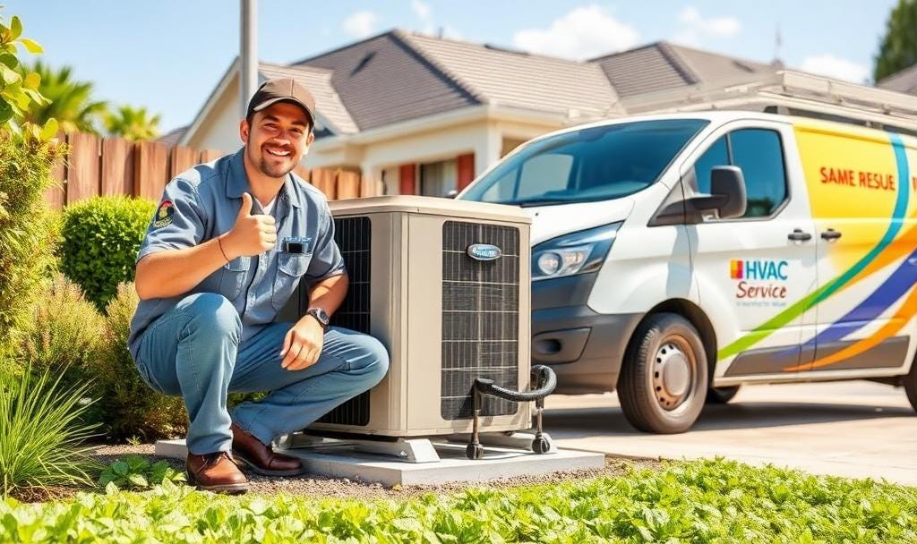 a service technician in uniform kneeling next to an outdoor AC unit while smiling and giving a reassuring thumbs-up