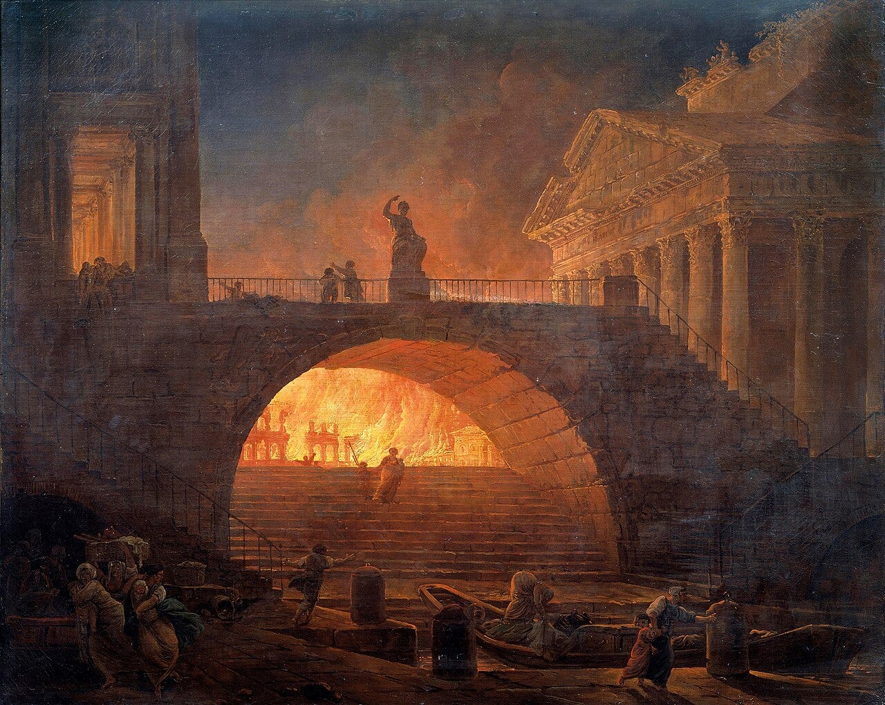 A huge bridge framing an inferno as figures scatter A huge bridge framing an inferno as figures scatter