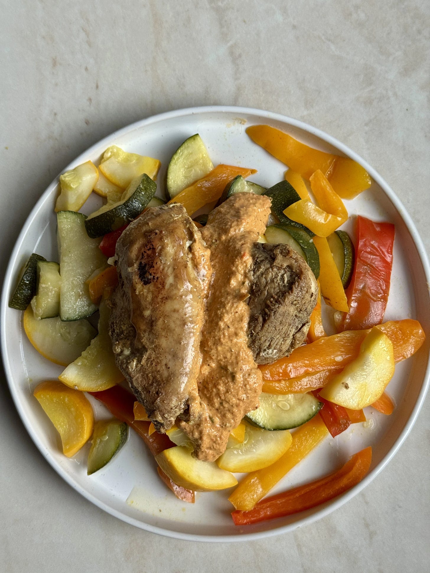 Moroccan chicken & sautéed vegetables with romesco 