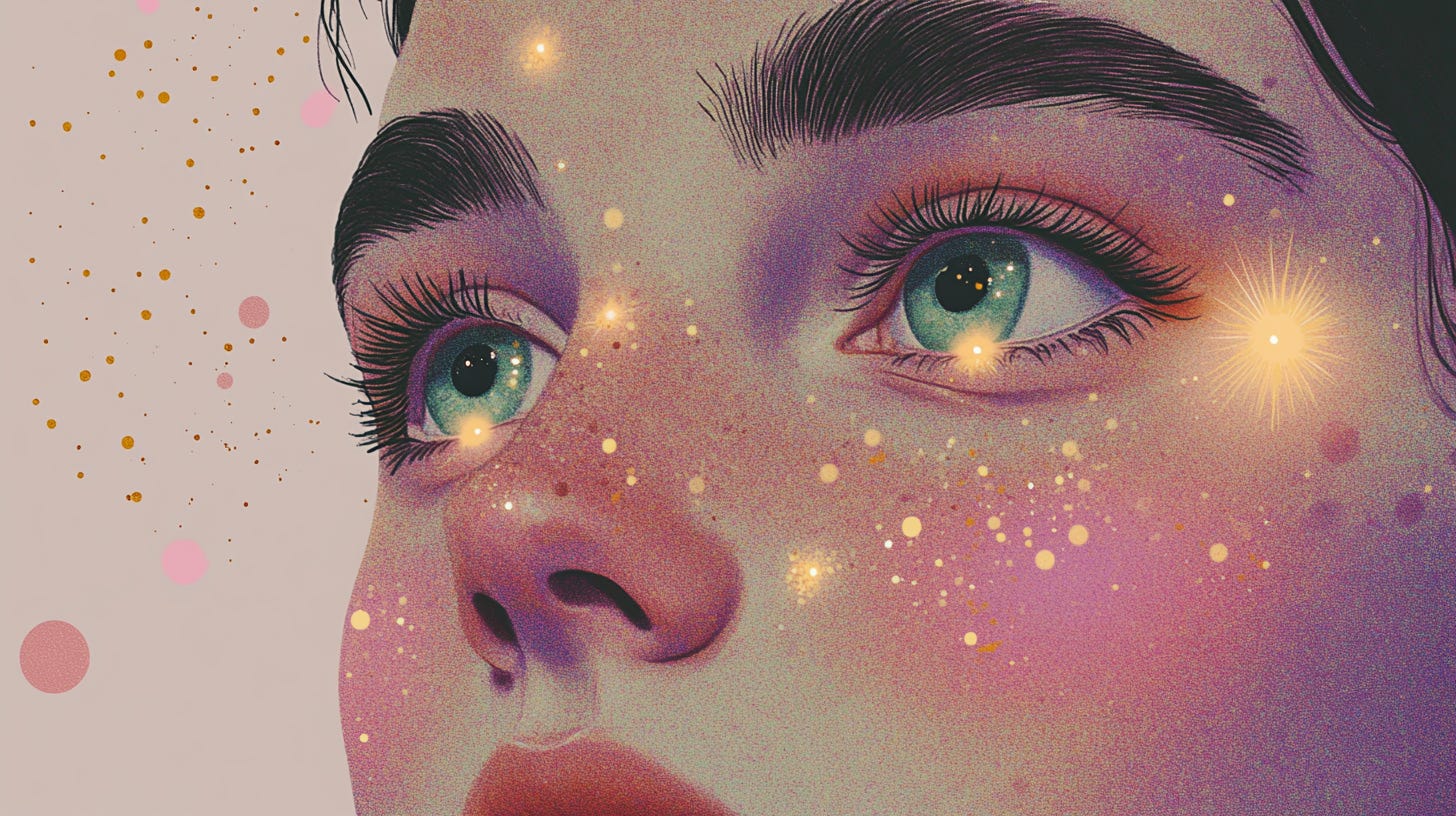 A gentle face with teardrops turning into glowing sparks near her hopeful, upward-gazing eyes. --ar 16:9 --sref 3053564100 --v 6.1 A gentle face with teardrops turning into glowing sparks near her hopeful, upward-gazing eyes. --ar 16:9 --sref 3053564100 --v 6.1